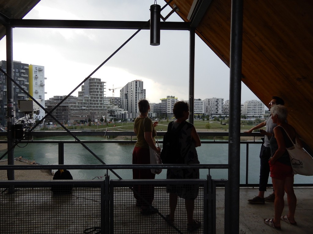 Drei Frauen und ein Mann stehen auf Brücke vor See mit Blick auf Seestadt Aspern