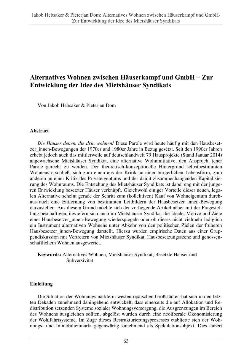 Alternatives Wohnen zwischen Häuserkampf und GmbH-Zur Entwicklung der Idee des Mietshäuser Syndikats